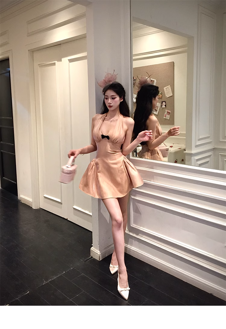 Orange Pink halter V Neck A Line Birthday Prom Dress Mini Party Dress YM2016