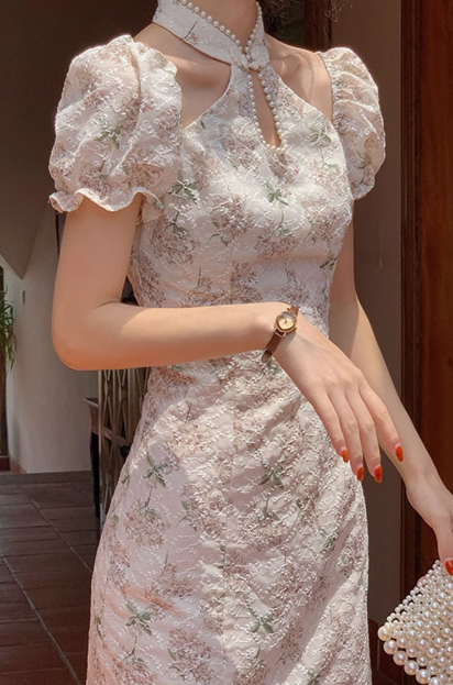 Cheongsam embroidered dress sweet tea break halter neck long prom dress YM1962