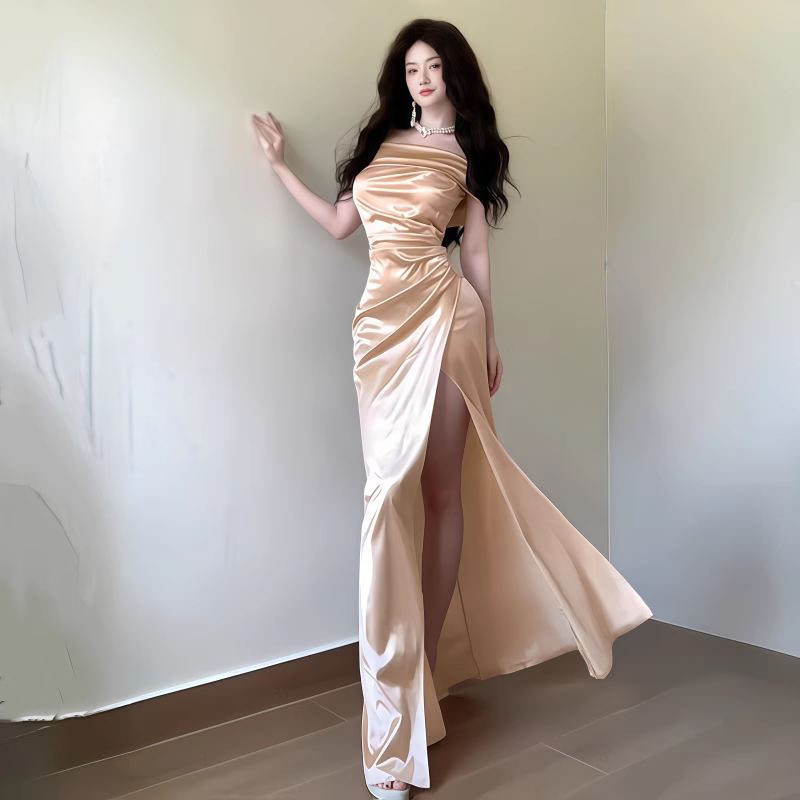 Classy Champagne Off The Shoulder Birthday Party Dress Satin Slit Long Holiday Dress YM2233
