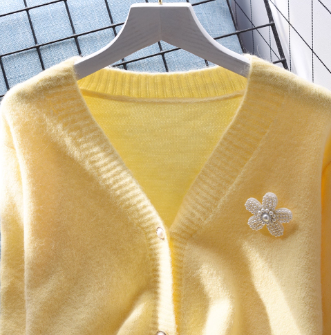 Yellow Small Fresh Short Sweater Jacket Spring Korean Style Outerwear Knitted Cardigan YM2366