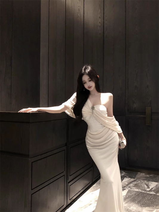 Classy Apricot Strapless Party Dress Long Mermaid Birthday Dress YM2114