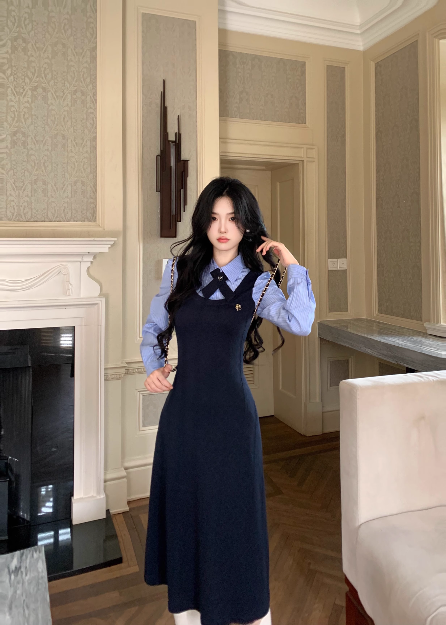 College Style Striped Shirt Fake Two Piece Dress Women's New YM2034