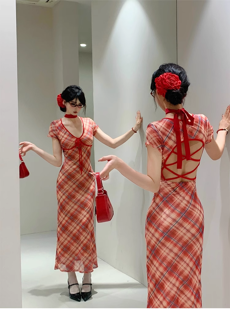 Red Sheath Plaid Hottie Dress,Sexy Backless Long Party Birthday Dress YM1994