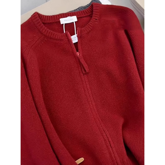 Unique Chic Red Double Zip Knitted Cardigan Sweater YM1844