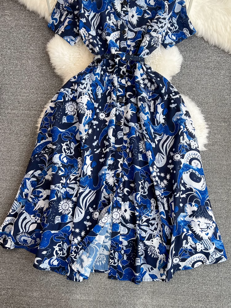 Retro palace style printed A-line shirt dress YM1418
