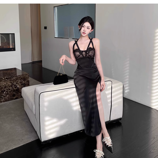 Sexy Black Lace Slit Party Gown,Birthday Outfits YM2019