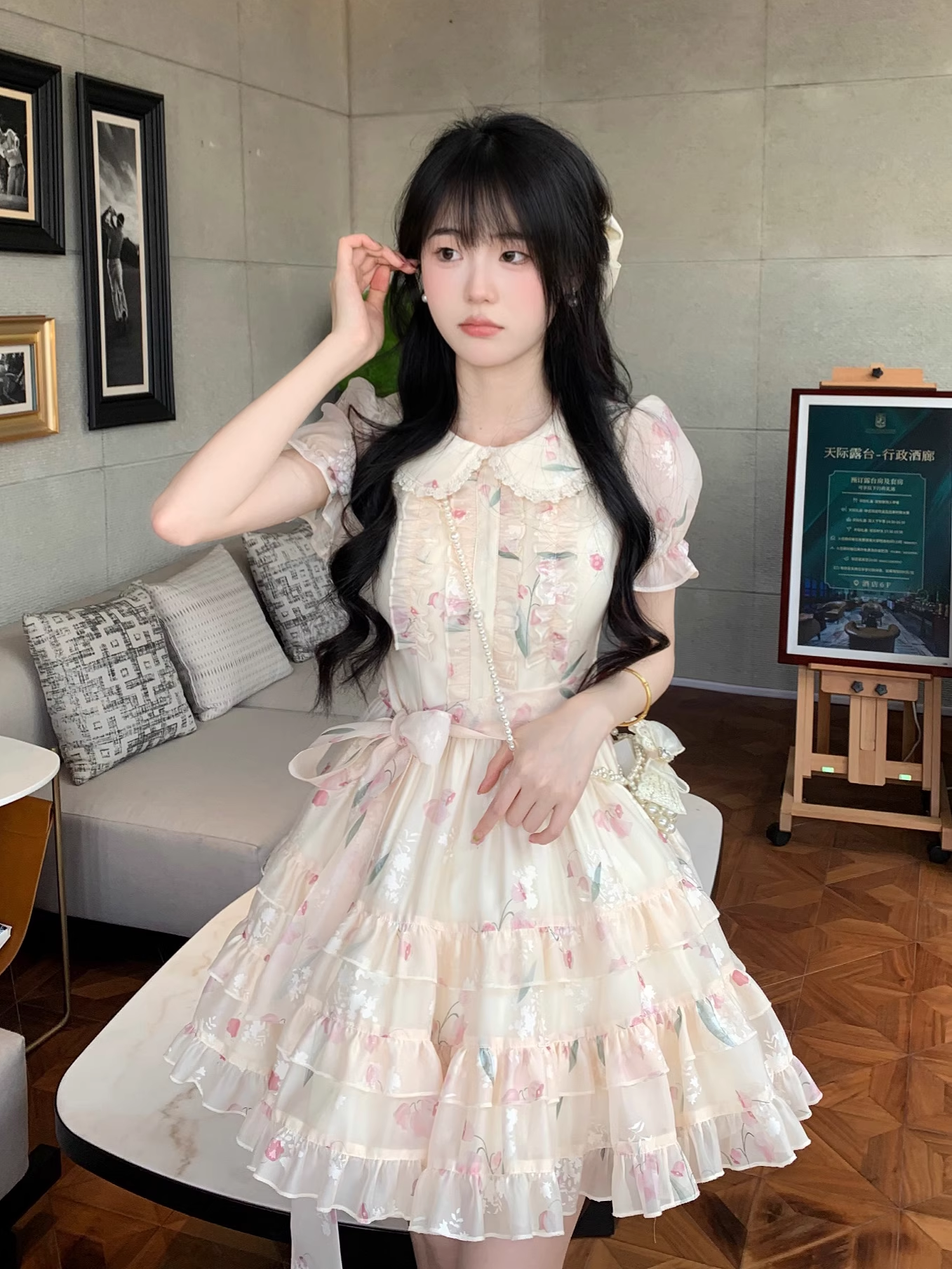 Sweet Tulip Print Baby Doll Neck Multi-Level Skirt Dress YM2032
