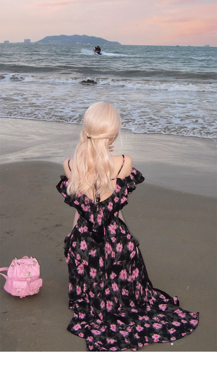 Charming Off The Shoulder Floral Chiffon Long Prom Dress Irregular Party Dress YM2008