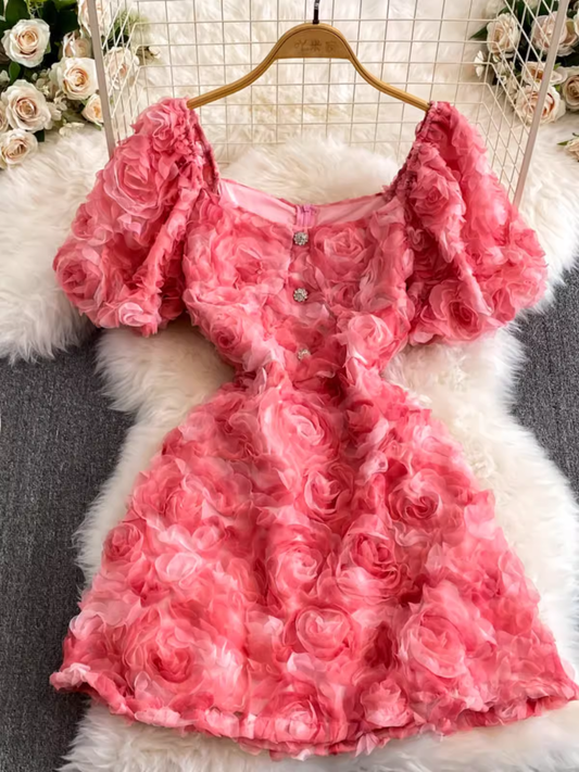 square neck puff short sleeves short dress YM1444