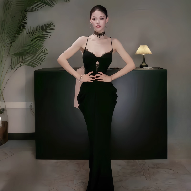 Black V-Neck Suspender Dress Sexy Hollow Lace Sheath Long Holiday Dress YM2256