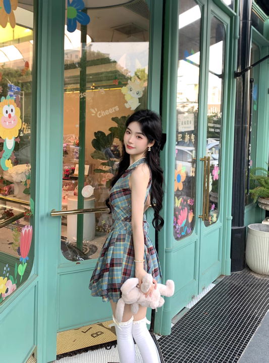 Retro Green British Style Sleeveless Bow Plaid Pleated Dress YM2038