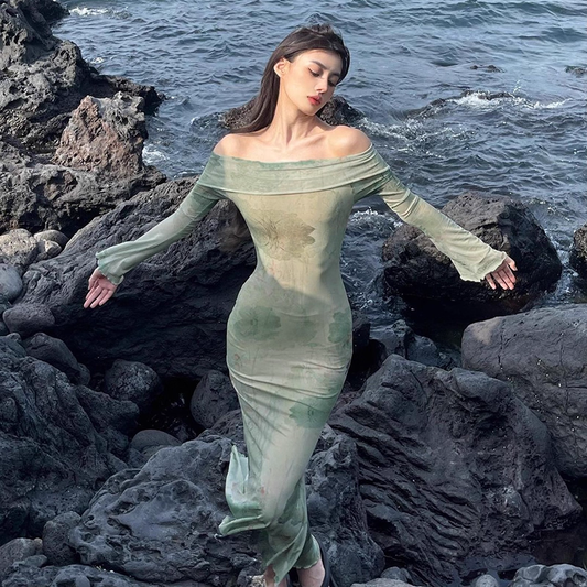 Green Printed Floral One-Shoulder Vacation Dress Sexy Seaside Long Holiday Dress YM2279