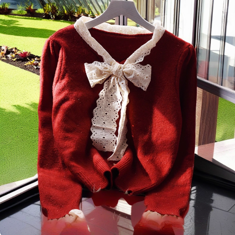 Pink Lace Cropped Pullover Sweater Sweet Bow Long Sleeve Knit Top YM2368