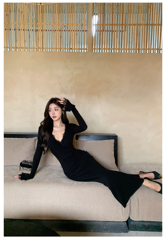 Sexy black Lace neck sheath long party prom dress YM1970