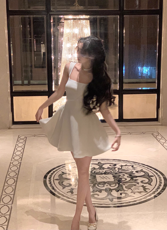 Cute White U-Neck Suspender Birthday Dress Short A Line Party Dress YM2058