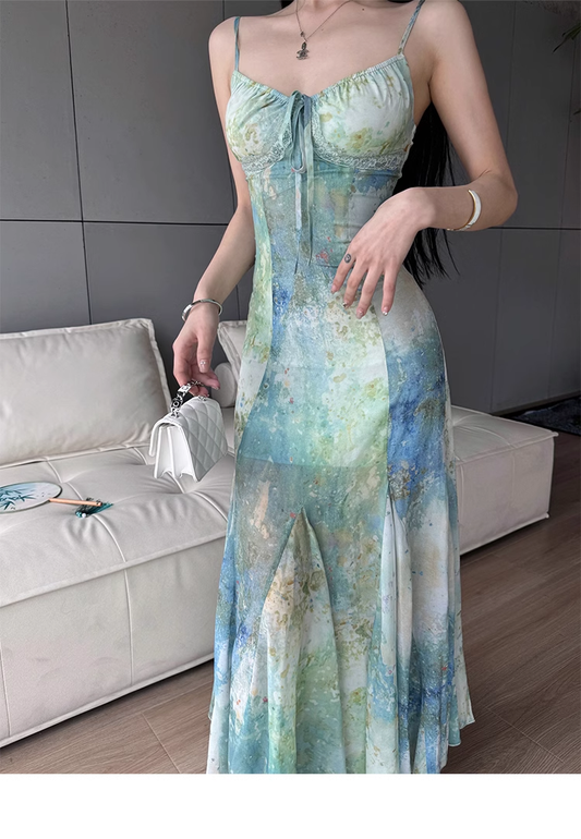Charming Spaghetti Straps Smudge Dyed Print Mermaid Prom Dress Long Evening Dress YM1992