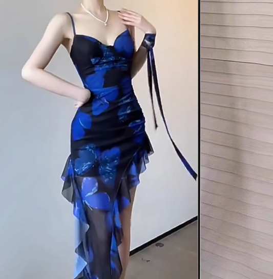 Romantic Blue Print Holiday Straps Irregular Mermaid Backless Vacation Dress Party Dress YM2135