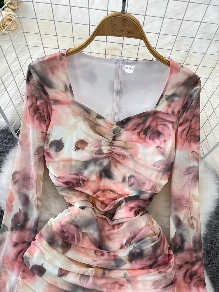 Long-sleeve padded square-neck mid-length slit printed dress YM883