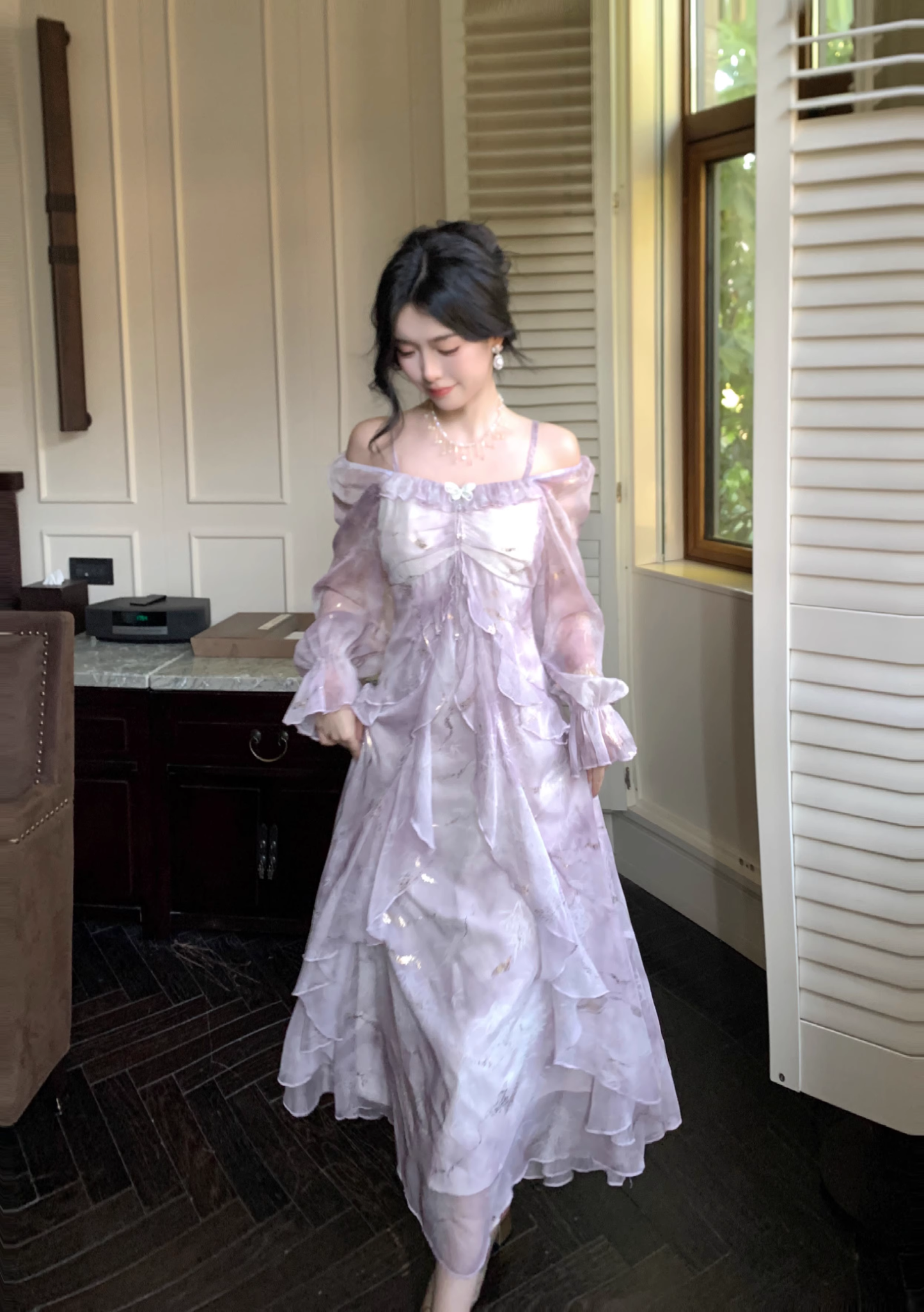 Purple Chiffon Butterfly Gold Foil Ruffle Long Sleeve Party Dress YM2024