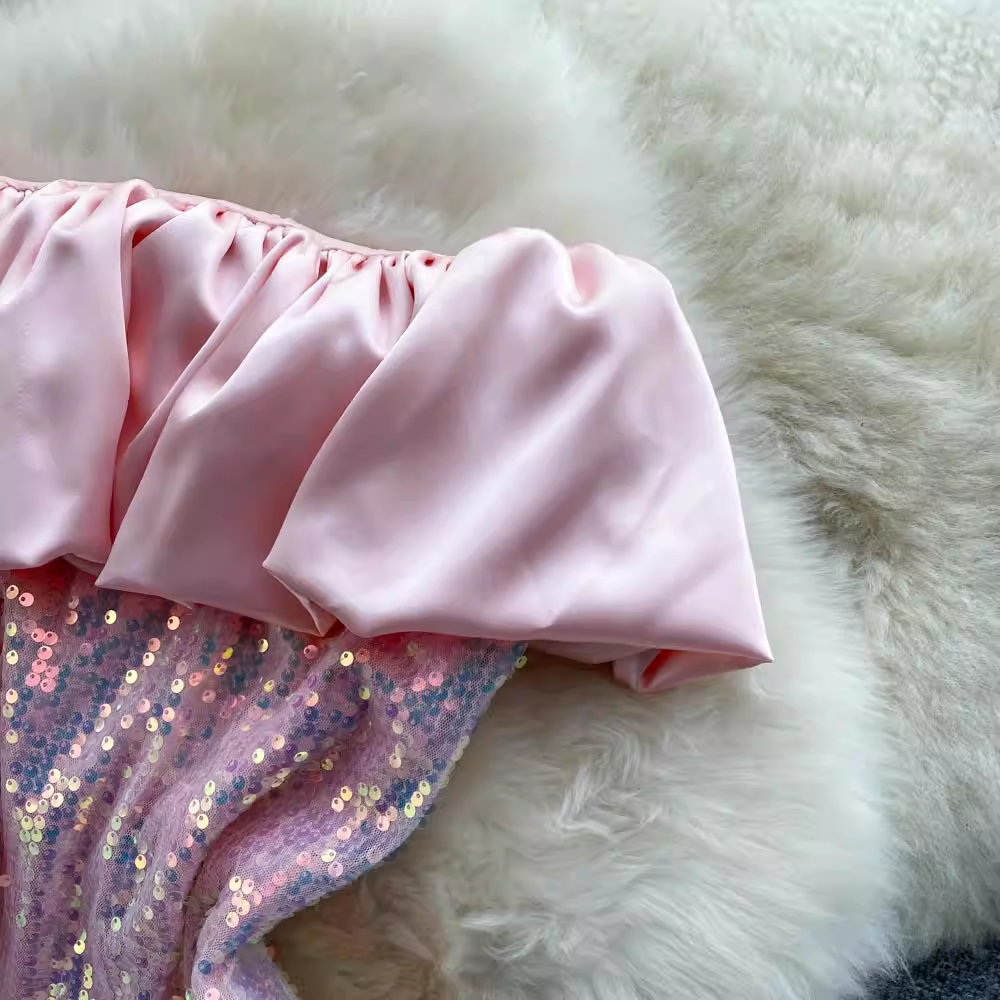 Pink Ruffle Neckline Sequins Dress ,YM59