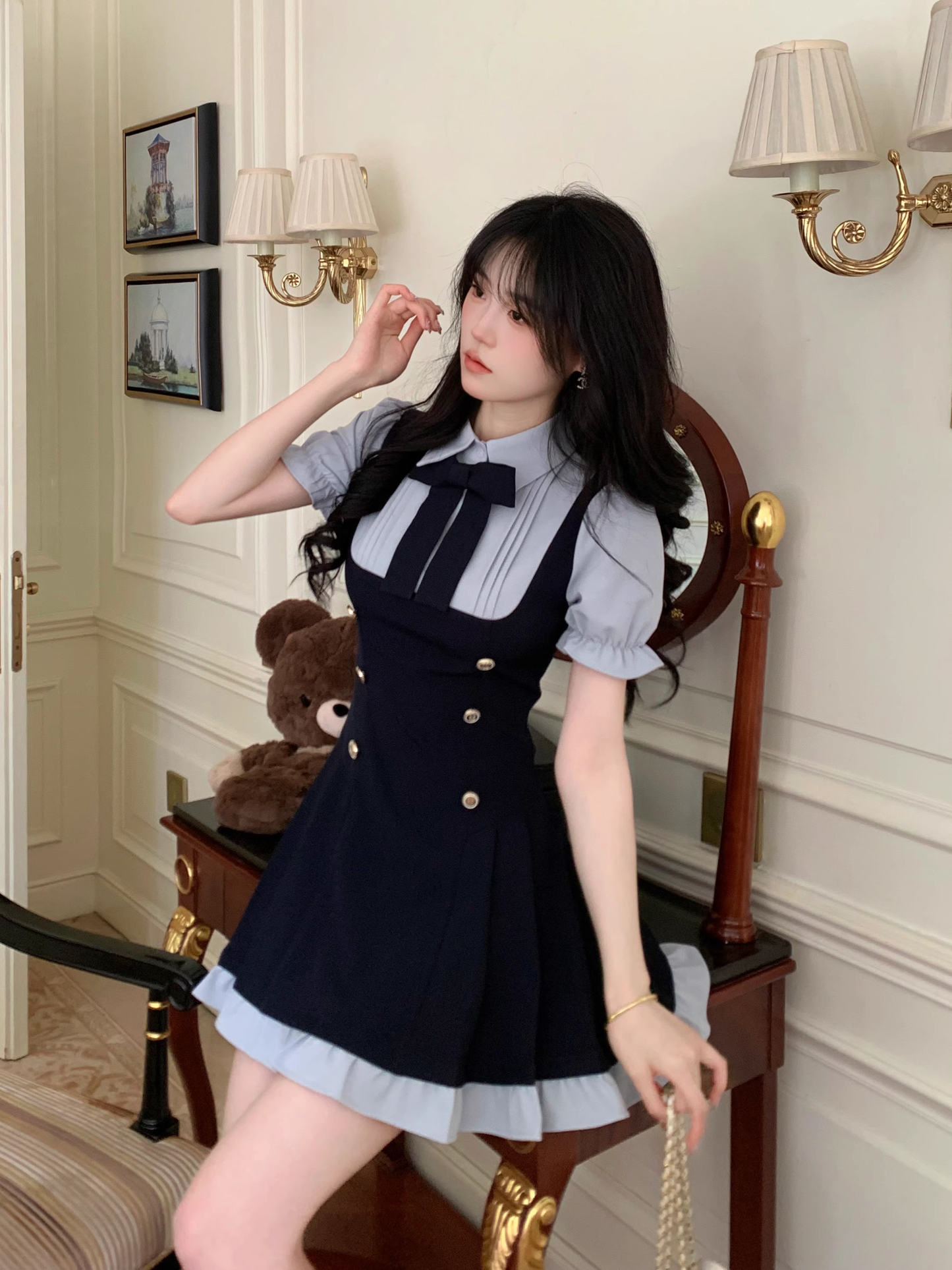 Preppy Style Fake Two-Piece Navy Blue Puff Sleeve Suspender Waist Party Dress YM2039
