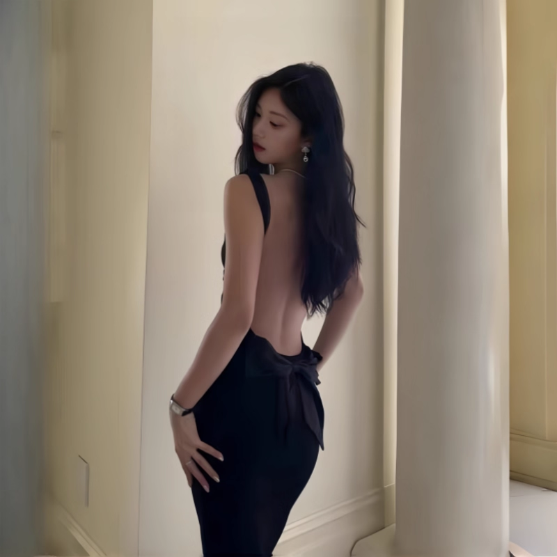 Sexy Black Bow Backless Spaghetti Straps Long Birthday Dress Holiday Dress YM2223