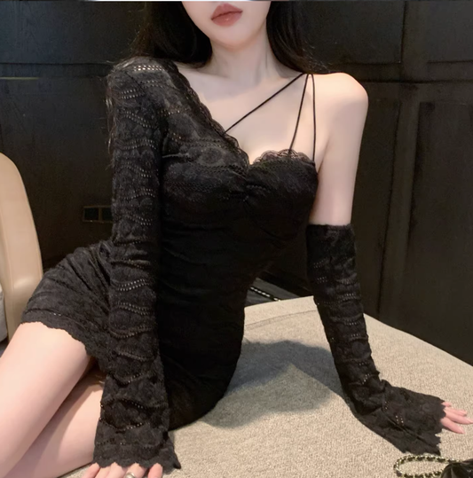 Sexy One Shoulder Black Lace Short Holiday Dress Women Dress YM2339
