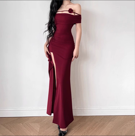 Pretty Red Off The Shoulder Mermaid Slit Party Dress Long Birthday Dress YM2225