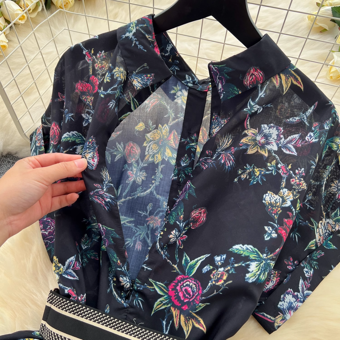 Short sleeve printed vintage chiffon dress YM1093
