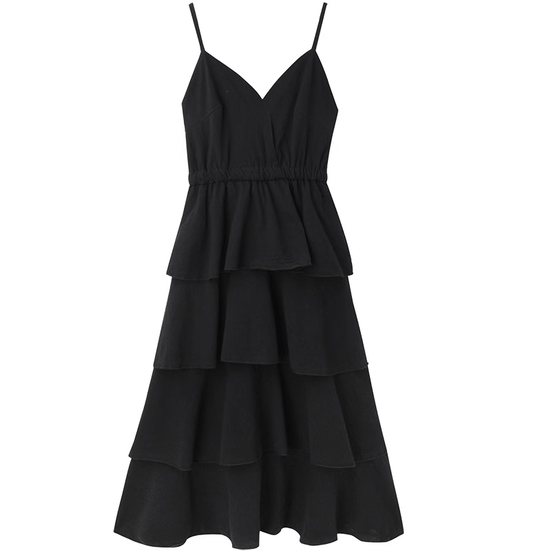 Summer black v-neck suspender dress YM1257