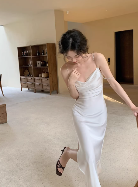 Satin diamond chain suspender birthday dress backless side slit sexy party dress YM1953