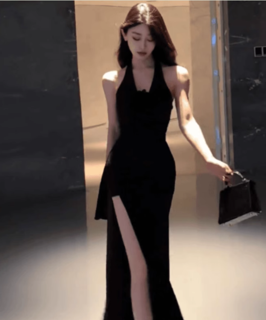 Sexy Black Halter V Neck High Slit Party Dress Long Holiday Dress YM2213
