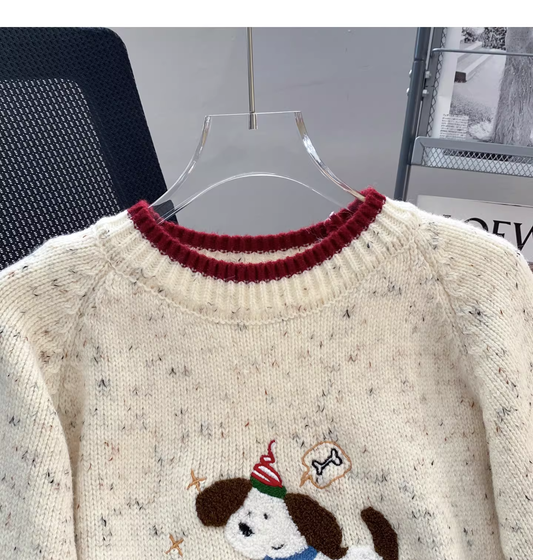 Off-white Round Neck Polka Dot Cartoon Pullover Sweater YM2430