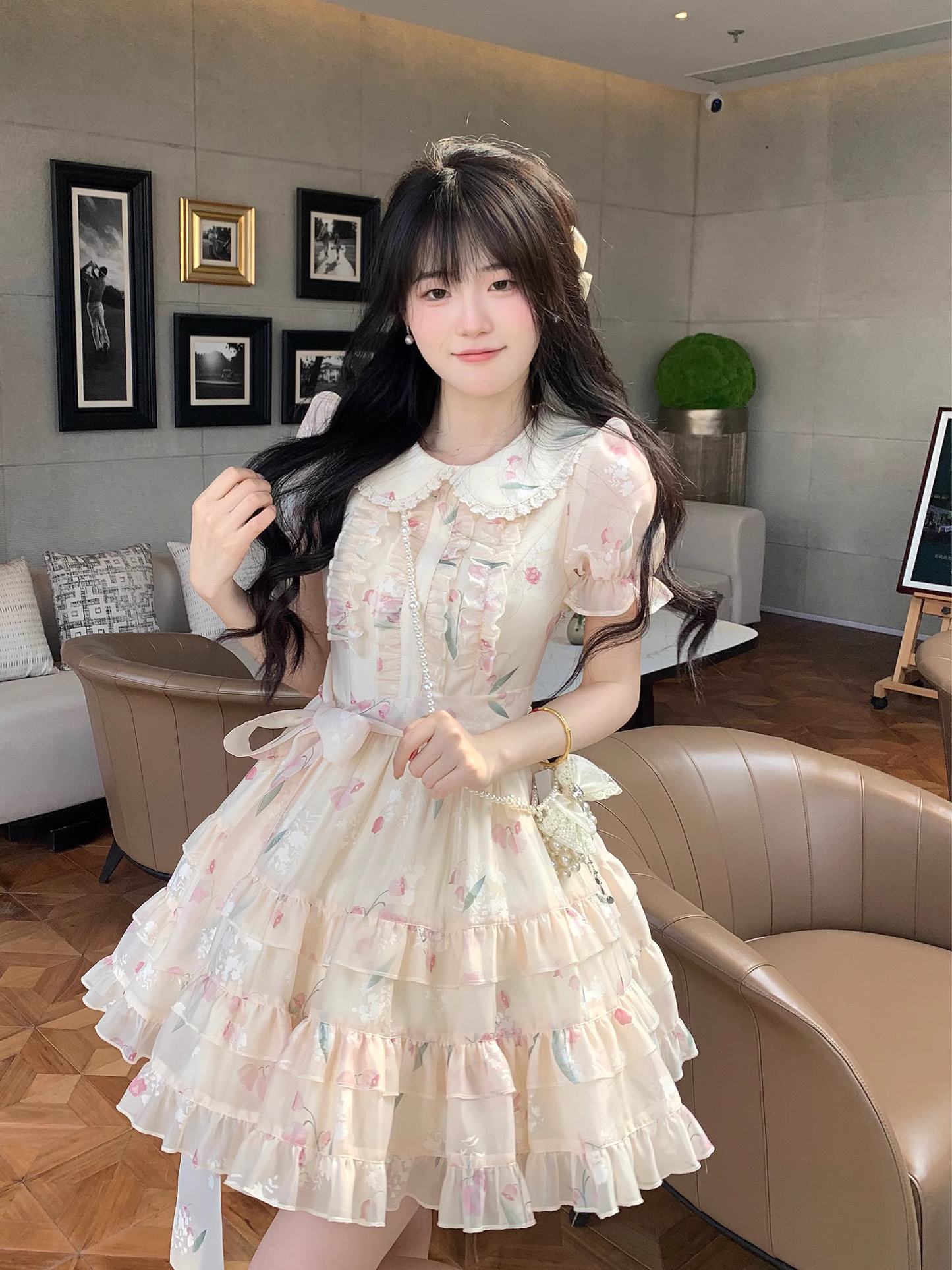 Sweet Tulip Print Baby Doll Neck Multi-Level Skirt Dress YM2032