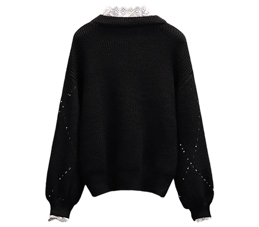 Black Lace Splicing Sweater Fashionable Fake Two-piece Loose Sweater YM2292