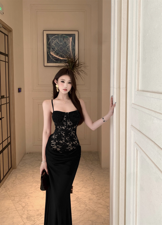 Sexy Black Lace Straps Long Party Dress Birthday Dress YM2172