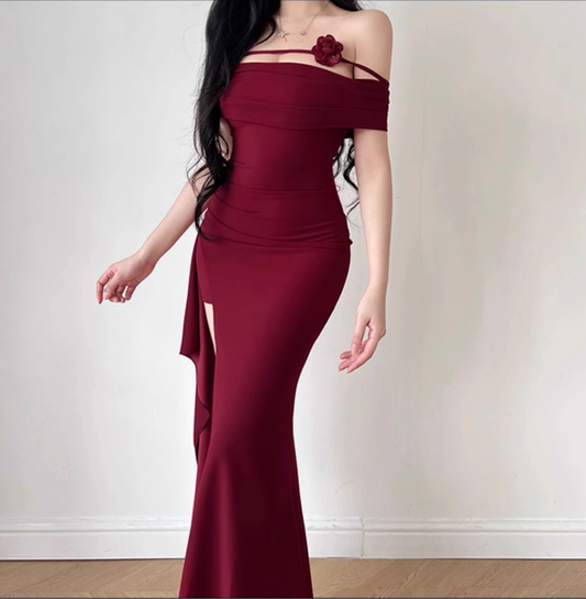 Pretty Red Off The Shoulder Mermaid Slit Party Dress Long Birthday Dress YM2225