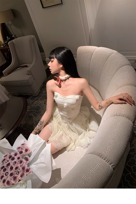 White Strapless Tulle Sequins Party Dress Birthday Outfits YM2005