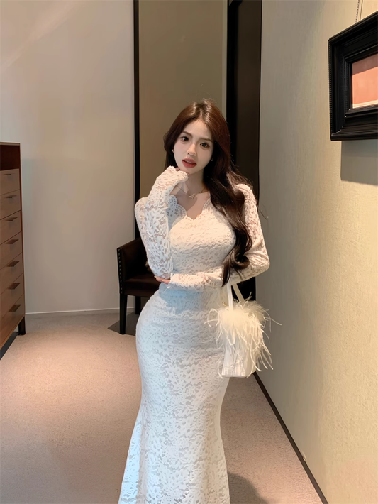 Classy White Sexy Lace Prom Dress Long Mermiad Party Dress YM1821