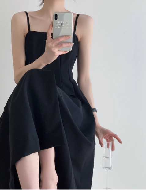 Black retro slit suspender black a line party prom dress YM1954