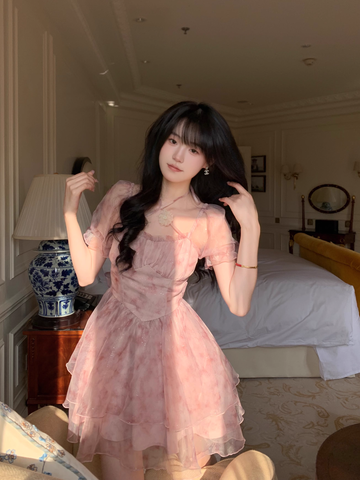 Sweet Pink Princess Organza Splicing Tie Waist Printed Puffy Prom Dress Birthday Party Dress YM2046