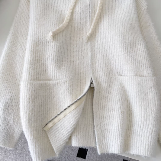 Sweet And Versatile Knitted Cardigan With Loose Hood And Zip-up Pockets YM2425