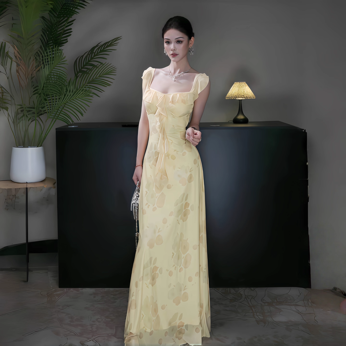 Elegant Yellow Ruffled Printed Women Dress Sheath Long Holiday Dress For Seaside YM2226