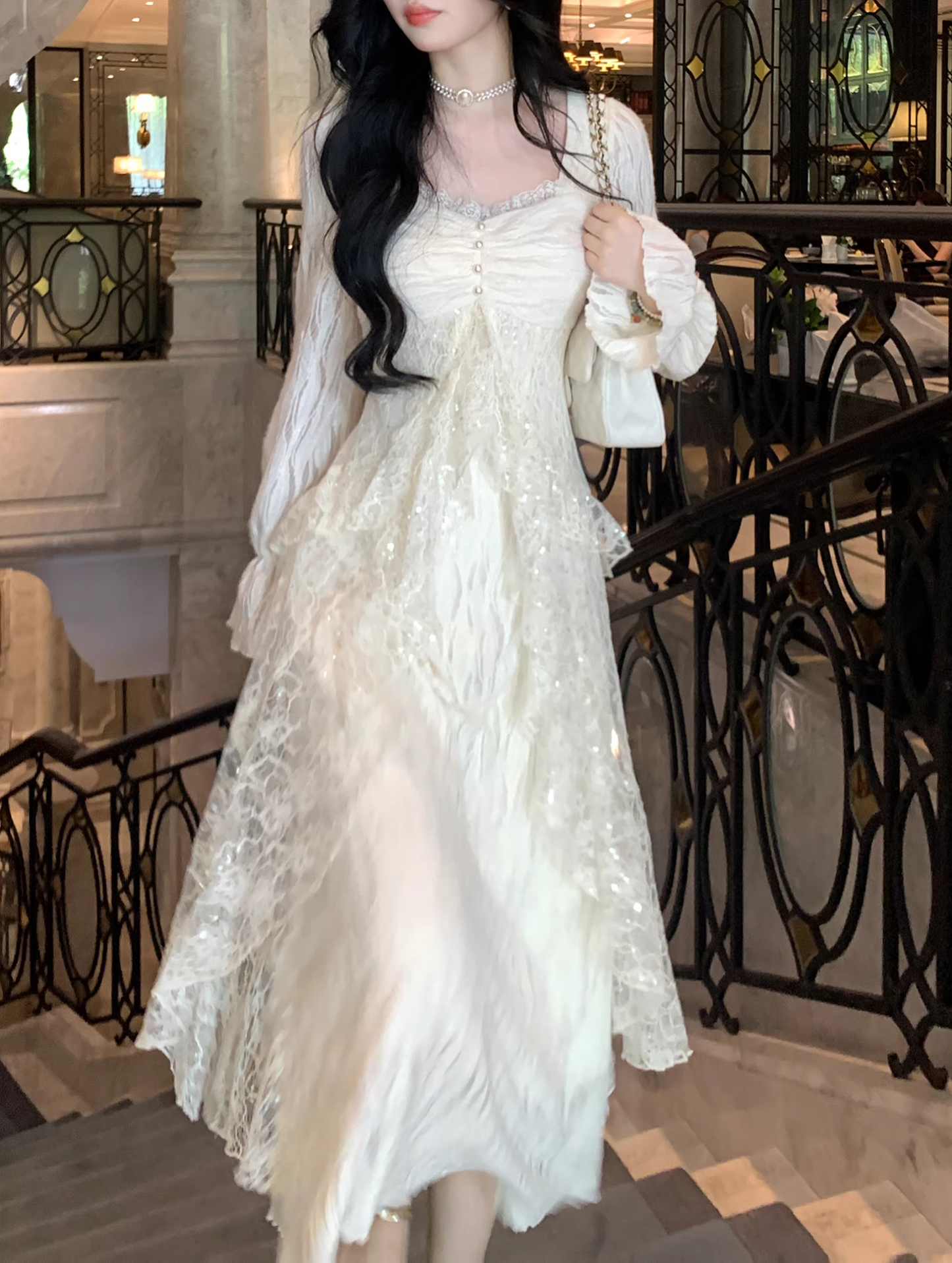 High-End And Gentle Style Lace Sequins Ruffled White Moonlight Prom Dress Apricot Party Dress YM2037