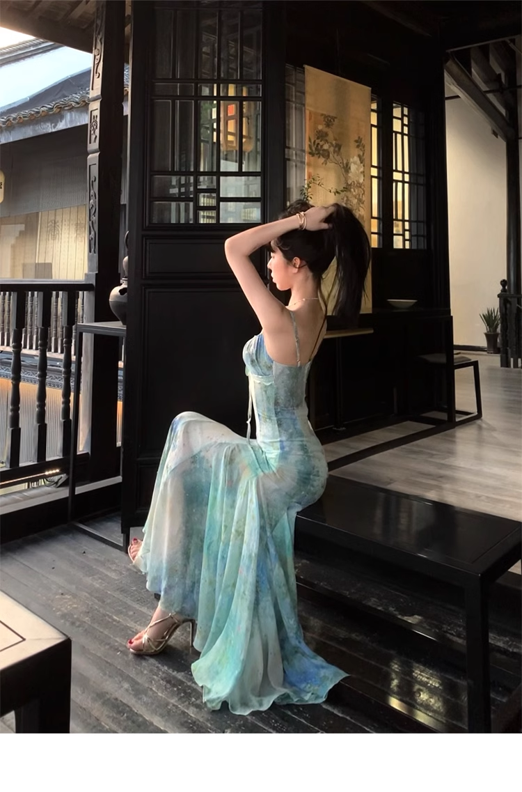 Charming Spaghetti Straps Smudge Dyed Print Mermaid Prom Dress Long Evening Dress YM1992