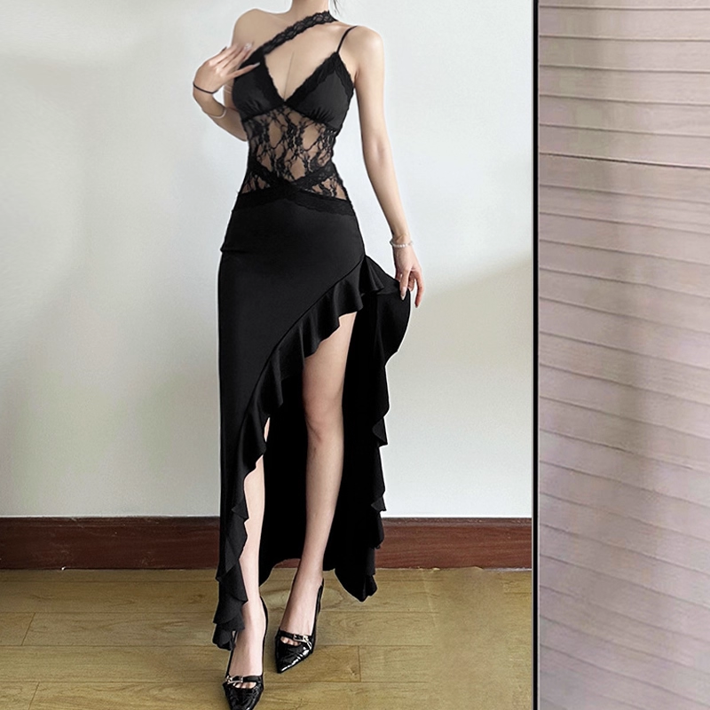 Sexy Spaghetti Straps Black Lace Slit Ruffle Party Dress Birthday Outfits YM2198