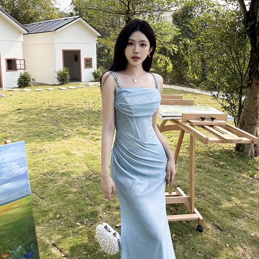 Charming Blue Spaghetti Straps Mermaid Birthday Party Dress Long Holiday Dress YM2239