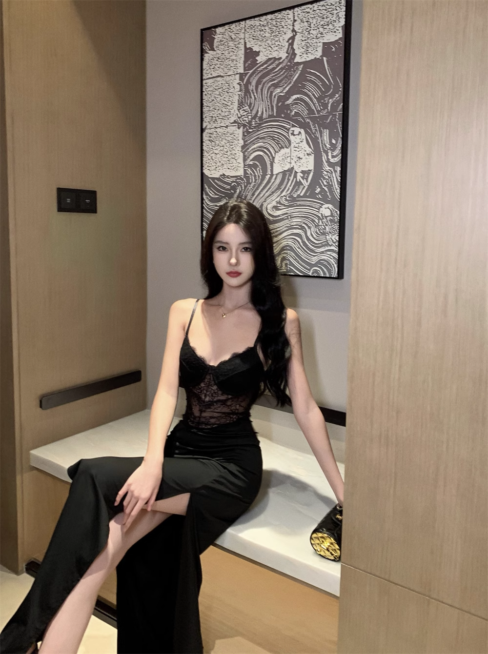 Vintage black lace stitching high slit sexy straps party dress evening dress YM1966