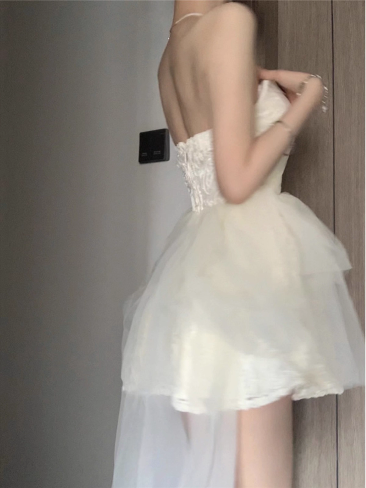 Apricot Birthday Mini Dress Tulle Splicing Dress New Style Strapless Dress Trailing Princess Tutu Short Dress YM2320