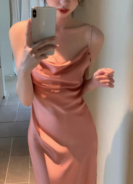 Satin diamond chain suspender birthday dress backless side slit sexy party dress YM1953